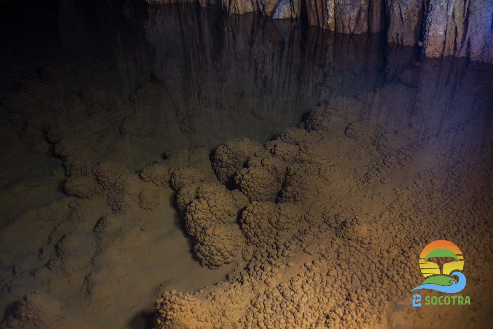 Hoq Cave crystalline formations and water, Socotra Island